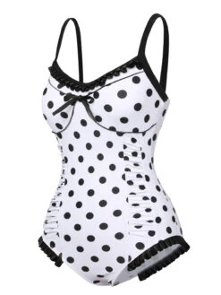White 1950s Polka Dots Strap Swimsuit -Retro Pulse Shop SCXL000410 2