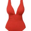 Red 1950s Solid Deep V One-Piece Swimsuit 1 Red 1950s Solid Deep V One-Piece Swimsuit -Retro Pulse Shop SCXL000416 1
