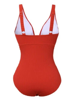 Red 1950s Solid Deep V One-Piece Swimsuit -Retro Pulse Shop SCXL000416 3