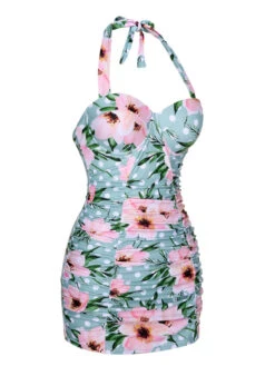 [Pre-Sale] Green & Pink 1930s Floral Polka Dot Halter Swimsuit -Retro Pulse Shop SCXL000428 2