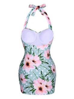 [Pre-Sale] Green & Pink 1930s Floral Polka Dot Halter Swimsuit -Retro Pulse Shop SCXL000428 3
