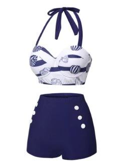 Dark Blue 1940s Halter Ocean Stripes Swimsuit -Retro Pulse Shop SCXL000436 2 compressed