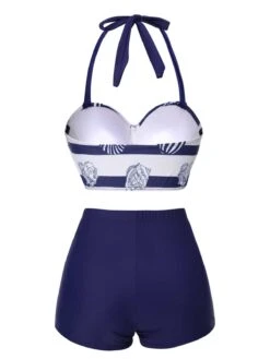 Dark Blue 1940s Halter Ocean Stripes Swimsuit -Retro Pulse Shop SCXL000436 3 compressed
