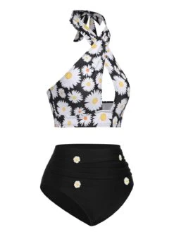 [Pre-Sale] Black 1950s Daisy Cross Strap Swimsuit -Retro Pulse Shop SCXL000442 2 compressed