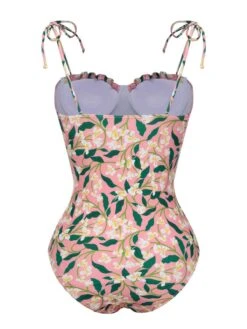 Pink 1950s Spaghetti Strap Plants Print Swimsuit -Retro Pulse Shop SCXL000453 3 compressed