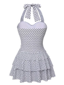 White 1940s Polka Dot Halter Skirted Swimsuit -Retro Pulse Shop SCXL000455 3