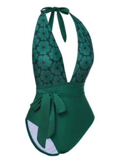 Green 1940s Floral Deep V-Neck Halter Swimsuit -Retro Pulse Shop SCXL000456 2