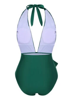 Green 1940s Floral Deep V-Neck Halter Swimsuit -Retro Pulse Shop SCXL000456 3