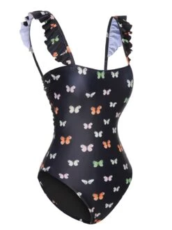 Black 1950s Butterfly Flare Sleeve One-Piece Swimsuit -Retro Pulse Shop SCXL000458 2