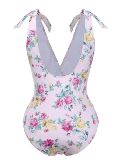 Lavender 1940s Floral Shoulder Tie Swimsuit -Retro Pulse Shop SCXL000464 3