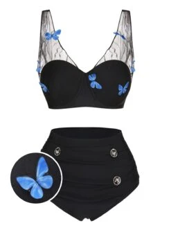 [Pre-Sale] Black 1960s 3D Butterfly Mesh Pleated Swimsuit