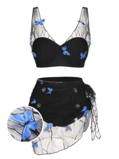 [Pre-Sale] 2PCS Black 1960s 3D Butterfly Mesh Swimsuit & Cover-Up