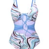 Blue 1940s Marble Print Hollow One-Piece Swimsuit