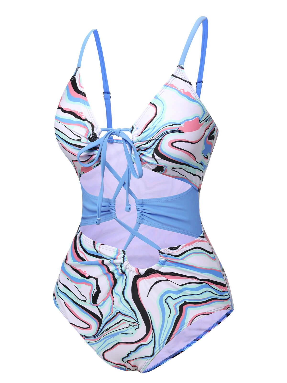 Blue 1940s Marble Print Hollow One-Piece Swimsuit 4 Blue 1940s Marble Print Hollow One-Piece Swimsuit - Image 2