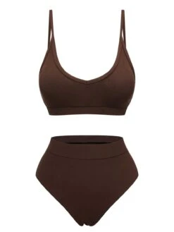 Brown 1950s Spaghetti Strap Solid Swimsuit