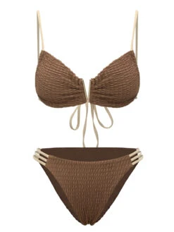 Khaki 1950s Spaghetti Straps Solid Bikini Set