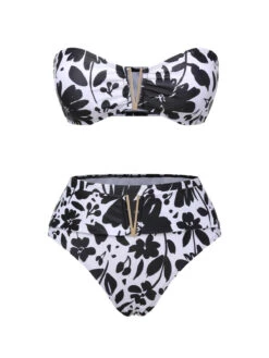Black & White 1950s Plants Silhouette Bandeau Bikini