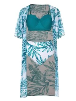 3PCS Green 1950s Ceramics Plant Prints Swimsuit & Cover-Up