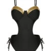 Black 1970s Spaghetti Strap Hollow One-Piece Swimsuit