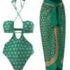 2PCS Green 1940s Flowers One-Piece Swimsuit & Cover-Up 2 2PCS Green 1940s Flowers One-Piece Swimsuit & Cover-Up -Retro Pulse Shop SCXL000519 1