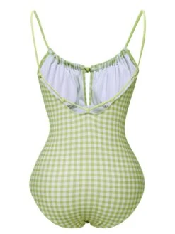 Green 1940s Plaid Chest Elastic Drawstring Swimsuit 8 Green 1940s Plaid Chest Elastic Drawstring Swimsuit -Retro Pulse Shop SCXL000520 3