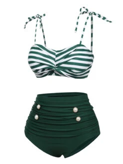 Green 1960s Stripe Shoulder Straps Swimsuit -Retro Pulse Shop SCXL000536 2