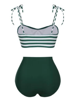 Green 1960s Stripe Shoulder Straps Swimsuit -Retro Pulse Shop SCXL000536 3