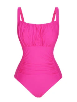 Pink 1940s Solid Wrinkle Strap Swimsuit