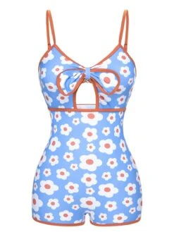 1930s Spaghetti Straps Cartoon Flowers Boxer Swimsuit