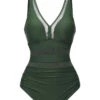 Green 1950s Solid V-Neck Lace Patchwork Swimsuit -Retro Pulse Shop SCXL000582 SCHL004427 1