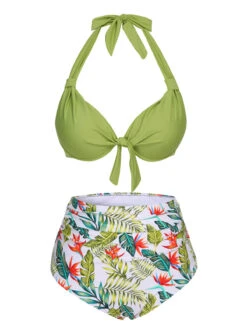 Chartreuse 1960s Tropical Tie Halter Swimsuit