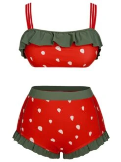 [Plus Size] Red 1950s Strawberry Ruffle Strap Swimsuit -Retro Pulse Shop SCXL000589 1