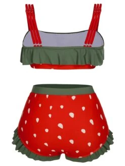 [Plus Size] Red 1950s Strawberry Ruffle Strap Swimsuit -Retro Pulse Shop SCXL000589 3