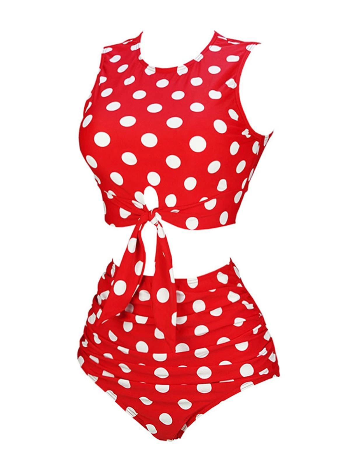Red 1970s Polka Dots Waist Tie Swimsuit 4 Red 1970s Polka Dots Waist Tie Swimsuit - Image 2