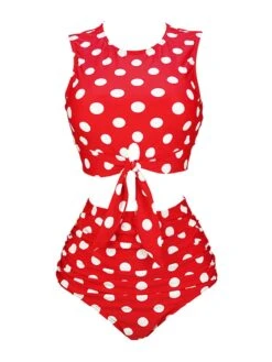 Red 1970s Polka Dots Waist Tie Swimsuit