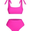 Pink 1950s Solid Shoulder Tie BIkini Set 2 Pink 1950s Solid Shoulder Tie BIkini Set -Retro Pulse Shop SCXL000609 1