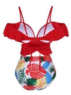 Red 1960s Ruffle Sleeves Tropical Plant Swimsuit -Retro Pulse Shop SCXL000612 PAT 1 3