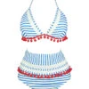 1970s Fur Ball Pendant Tassel Striped Swimsuit -Retro Pulse Shop SCXL000614 BL 2