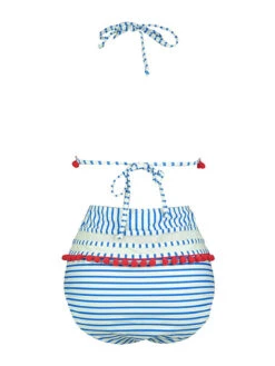 1970s Fur Ball Pendant Tassel Striped Swimsuit -Retro Pulse Shop SCXL000614 BL 3