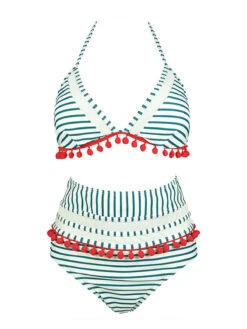 1970s Fur Ball Pendant Tassel Striped Swimsuit -Retro Pulse Shop SCXL000614 G 1