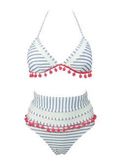 1970s Fur Ball Pendant Tassel Striped Swimsuit -Retro Pulse Shop SCXL000614 GR 1