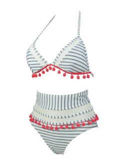 1970s Fur Ball Pendant Tassel Striped Swimsuit -Retro Pulse Shop SCXL000614 GR 2