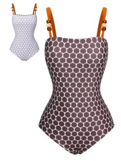 Brown 1930s Beads Straps Polka Dots Reversible Swimsuit