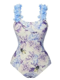 Multicolor 1950s 3D-Flowers Spaghetti Straps Swimsuit -Retro Pulse Shop SCXL000624 6