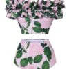 Pink 1950s Cold-Shoulder Floral Ruffle Swimsuit
