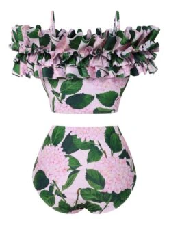Pink 1950s Cold-Shoulder Floral Ruffle Swimsuit 10 Pink 1950s Cold-Shoulder Floral Ruffle Swimsuit -Retro Pulse Shop SCXL000630 2