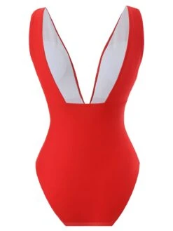 Red 1960s Solid 3D Flower Backless Swimsuit -Retro Pulse Shop SCXL000636 2
