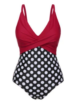 Red 1960s Polka Dot Patchwork Swimsuit