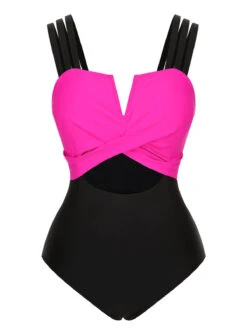 Black & Rose Red 1960s Color Block Swimsuit