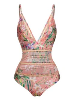 Pink 1960s Spaghetti Strap Floral One-Piece Swimsuit